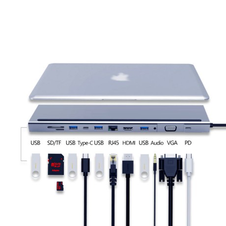 USB type-C хаб 12 в 1: HDMI 4K, RJ45, MicroSD, USBx2, TypeC Power Delivery 87W