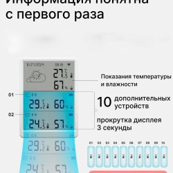 Умный Wi-Fi метеостанция термогигрометр с большим экраном и 2 беспроводными датчиками температуры и влажности Smart Life, Яндекс Алиса, Home Assistant