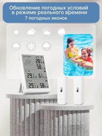 Умный Wi-Fi метеостанция термогигрометр с большим экраном и 2 беспроводными датчиками температуры и влажности Smart Life, Яндекс Алиса, Home Assistant