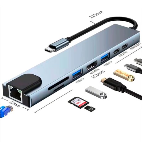 USB type-C хаб 8 в 1: HDMI 4K, RJ45, MicroSD, USBx2, TypeC Power Delivery 87W