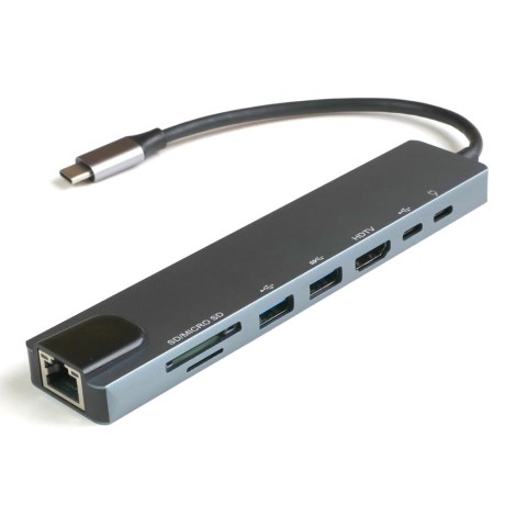 USB type-C хаб 8 в 1: HDMI 4K, RJ45, MicroSD, USBx2, TypeC Power Delivery 87W